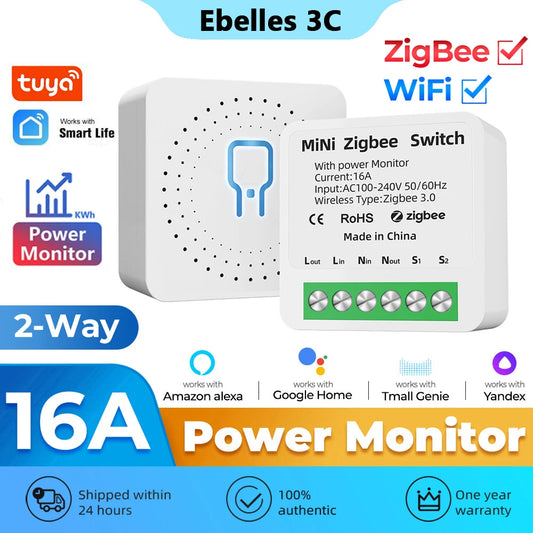 Tuya Zigbee / WiFi MiNi Smart Switch With Power Monitor 16A 2-way